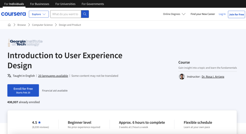 Page Flows’ screenshot of the Coursera landing page for the Introduction to User Experience Design course.
